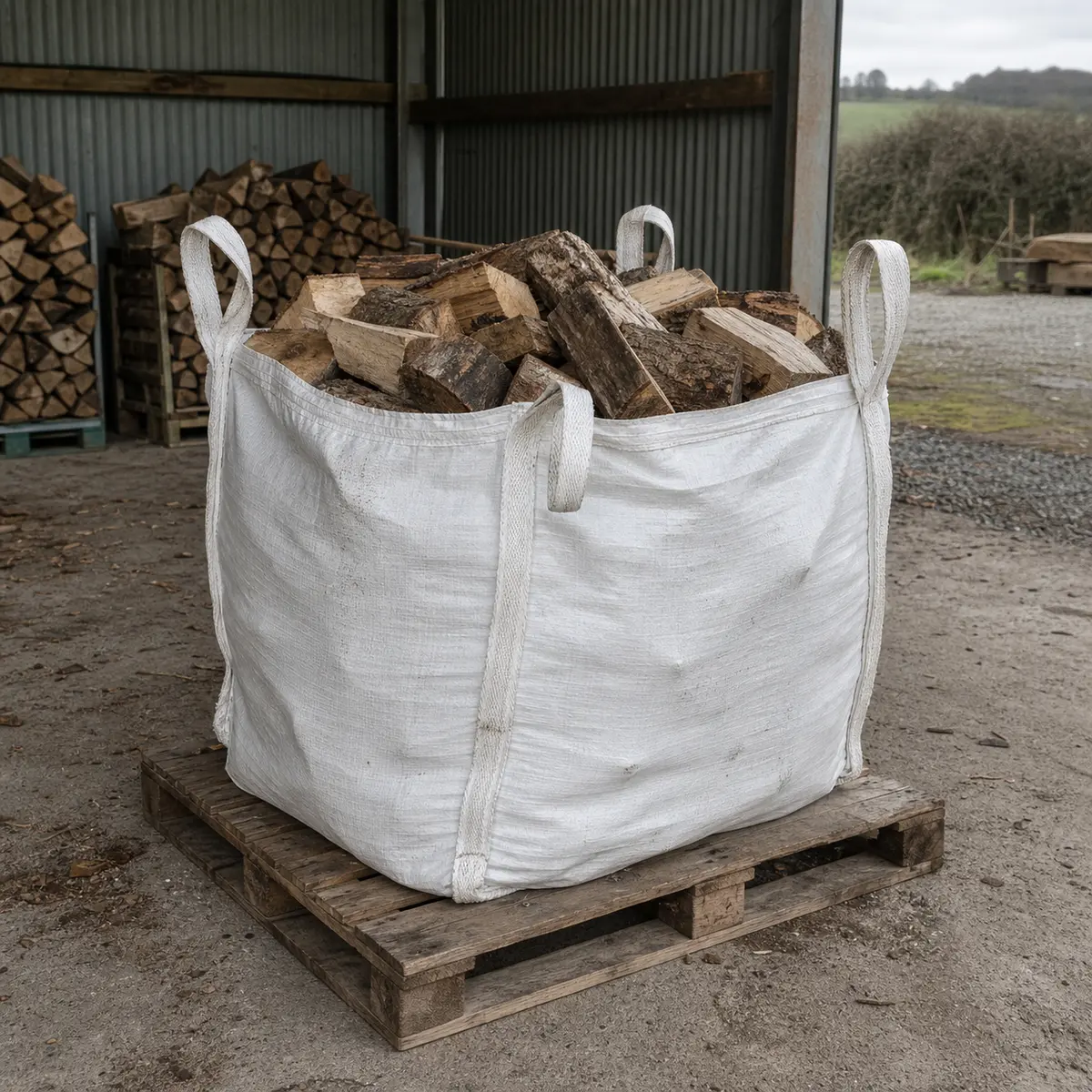 Bulk bag filled with seasoned mixed hardwood logs